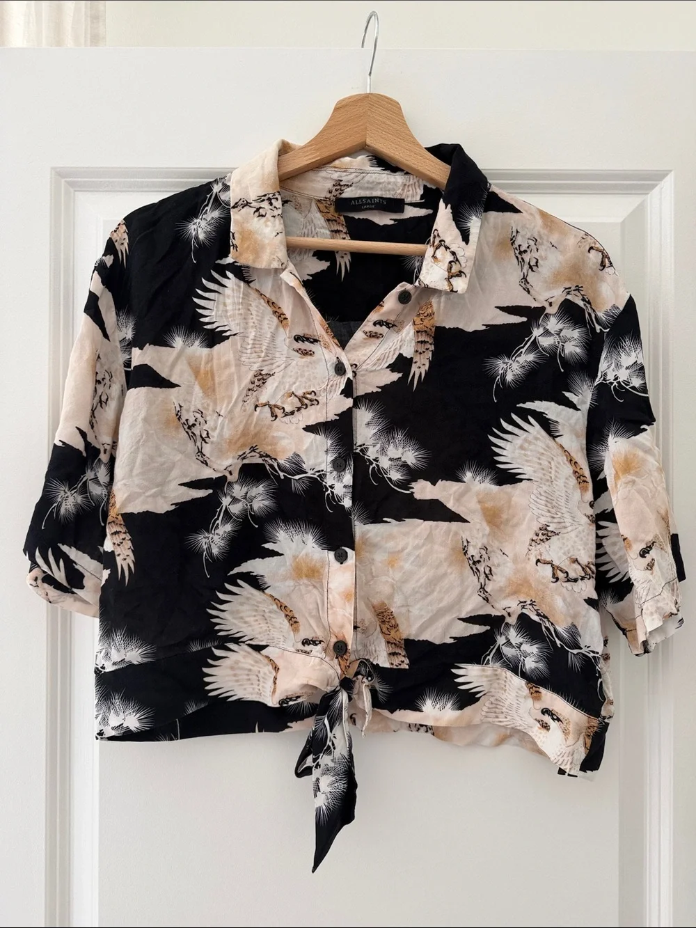 All Saints Black and Cream Crane Tie-Front Button-Up Shirt